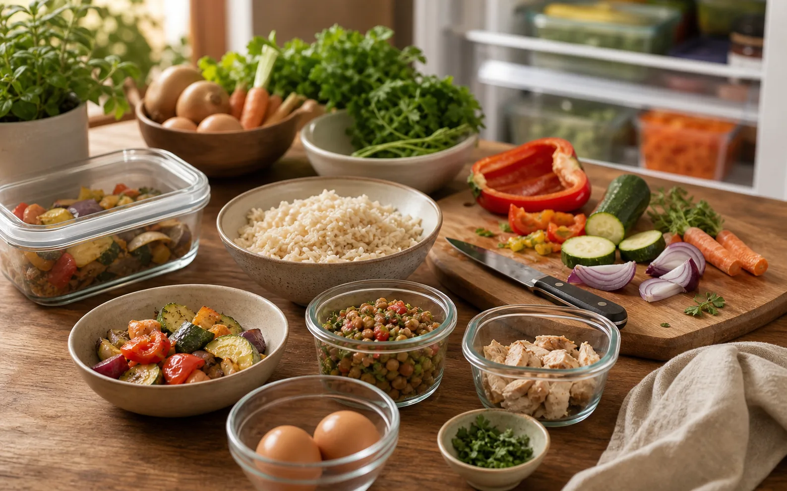 Restes de riz, legumes, oeufs et herbes prets a cuisiner