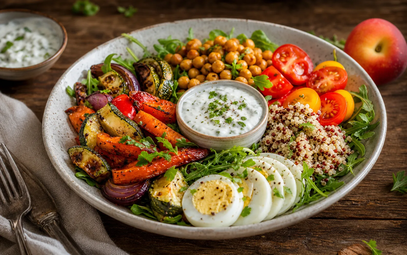 Assiette legere genereuse avec legumes rotis, quinoa, pois chiches et oeuf